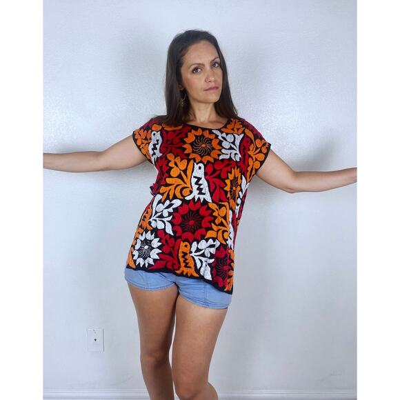 vintage 70s Orange Red EMBROIDERED BIRDS Jalapa Huipil MEXICAN Top os tunic boho - Picture 8 of 10